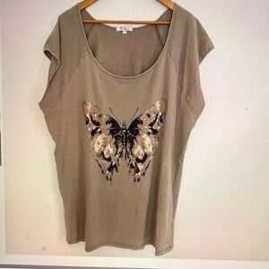 Time Square Women Beige Cap Sleeve Round Neck Butterfly Tunic Top Size 3X